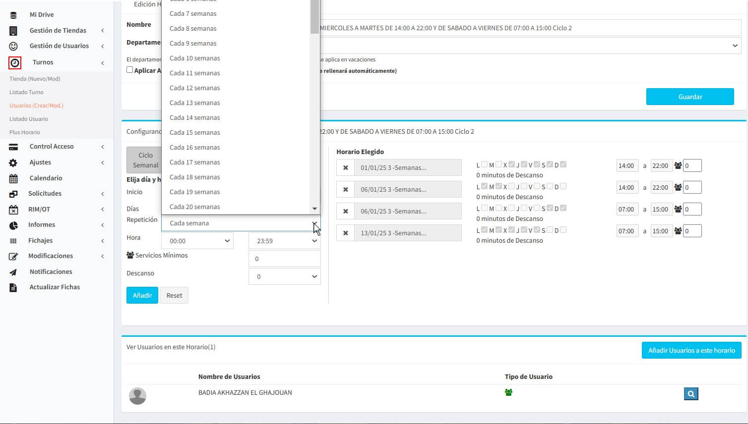 Turnos. Control de presencia
